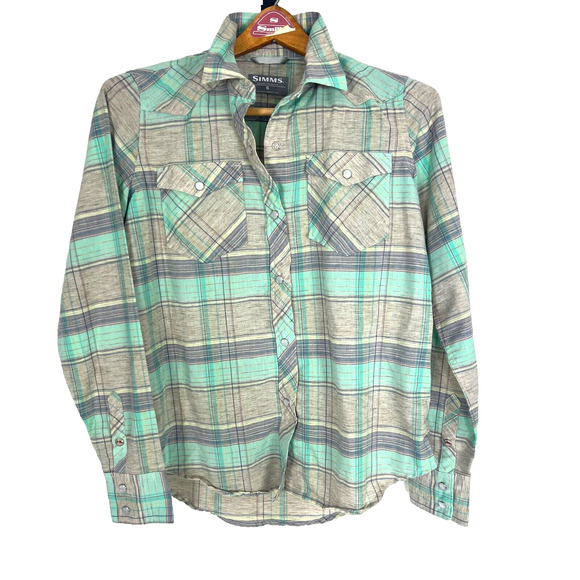 Simms Womens Small Green Plaid Long Sleeve Ruby River Shirt Snap Button Top - Picture 1 of 12